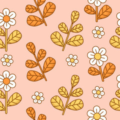Wall Mural - Retro seamless pattern with Daisy Flower with leaves on light  pink background. Groovy vector Illustration for wallpaper, design, textile, packaging, decor.