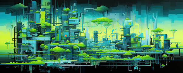 illustration of a green and blue futuristic city,generative ai