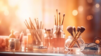 Close up make-up brushes on the table with copy space. Beauty industry accessories. AI generative image.