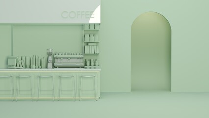 Coffee shop modern and minimal design. Furniture waiting zone pastel blue and green color, table and chairs white gloss.3D render
