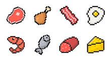 Pixel Food Icon Set For Games Or Mobile Apps, Colorful Pixel Art, Old Style 8 Bit Icons, Vector Collection