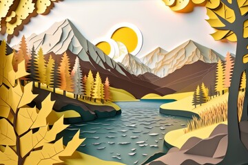 Wall Mural - cardboard landscape. autumn forest through which a river flows against the background of mountains. generative ai.