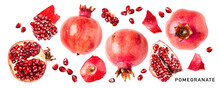Fresh Red Pomegranate Fruits Isolated. PNG With Transparent Background. Flat Lay. Without Shadow.