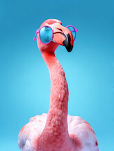 Close Up Of Pink Flamingo Wearing Sunglasses On Isolated Pastel Blue Background.Generated By Artificial Intelligence. Summer Beach Party Or Summer Holidays Fashion Concept.