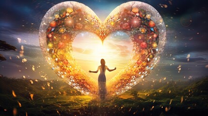 Wall Mural - Loves surrounds us, cosmic beautiful universal love, heart filled with life, flowers and lights. Finding peace and the inner center. Concept.