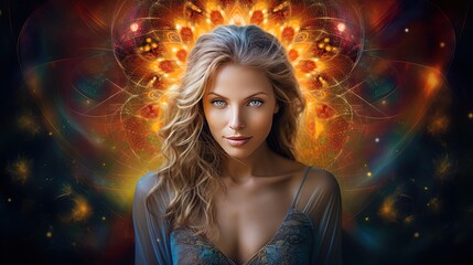 Wall Mural - loves surrounds us, cosmic beautiful universal love, heart filled with life, flowers and lights. fin