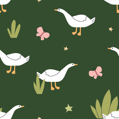 Wall Mural - Goose and butterfly on grass, seamless summer pattern. Cute childish background design. Birds in rural countryside nature, repeating print, endless texture. Colored flat vector illustration for fabric
