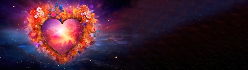 Wall Mural - loves surrounds us, cosmic beautiful universal love, heart filled with life, flowers and lights. fin