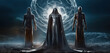 Three figures of alien rulers in chrome masks. Portraits of creatures that excel in the development of people. Illuminati and Reptilians. Created by AI	
