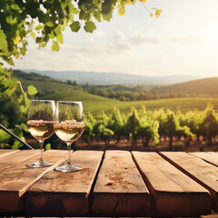  Two glasses with white wine standing on a wooden table near a vineyard on a sunny morning. Generative Ai. 