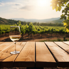  a glass of white wine on a wooden table on a sunny day against the backdrop of a vineyard. Generative Ai. 