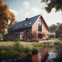 Modern house in barnhouse style with terrace and pond in front of