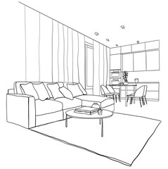 Line sketch of the interior living room.