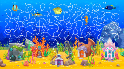 Aufkleber - Labyrinth maze game. Help to fish find himself fairytale underwater house. Find way kids puzzle, maze quiz vector worksheet with seashell, coral, oil barrel and ceramic pot houses on sea bottom