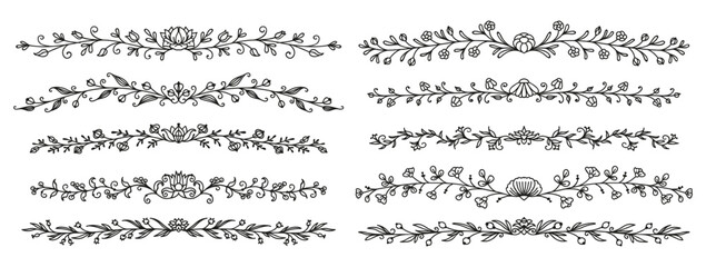 Wall Mural - Floral wedding dividers, borders and delimiters, flourish vignettes and separators, vector line frames. Wedding marriage invitation card or RSVP engagement design elements of flourish floral dividers