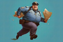 Illustration Of A Chubby Or Overweight Police Officer With A Smile On His Face Is Carrying Bags Of Money And Running Away. Studio Light. Monochrome Background. Generative Ai. 