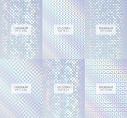 Aufkleber - Hologram silver foil posters, geometric pattern background with vector texture of iridescent paper with rainbow metal gradient. Holographic banners with ornament of hearts, flowers, geometry shapes