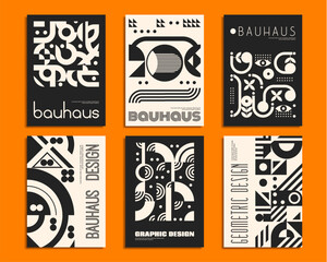 Poster - Monochrome abstract geometric patterns and Bauhaus posters, vector retro backgrounds. Bauhaus pattern posters with black and white simple shape elements, Swiss or Scandinavian art mosaic patterns