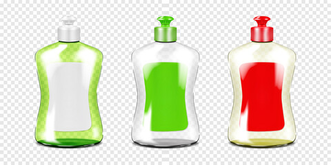 Wall Mural - Empty clear plastic bottle with screw push-pull cap and blank label color vector mockup set. Liquid soap, dishwashing liquid container mock-up. Template for design. Easy to recolor