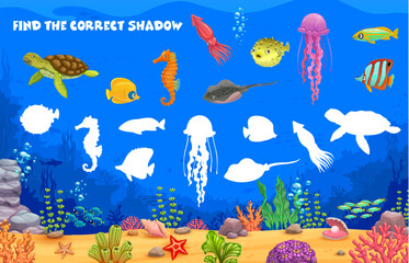 Aufkleber - Find correct shadow of cartoon sea underwater animals and fish, vector puzzle quiz for kids. Shadow match game worksheet with undersea silhouette of turtle, jellyfish and seahorse with squid and fish