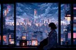 lofi girl full - body, standing at balcony looking at city night lights, Generative AI.