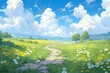 Summer fields, hills landscape, green grass, blue sky with clouds, Generative AI