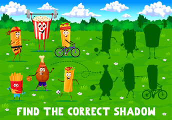 Poster - Find the correct shadow of cartoon fast food characters on sport vacation. Matching kids game vector worksheet with hotdog, popcorn, burrito and fries, shawarma funny personages doing sports in park