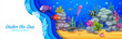Cartoon underwater paper cut landscape banner with stingray, fish, jellyfish and sea bottom seaweeds, vector background. Undersea world and ocean coral reef tropical fishes and sunken ship in papercut