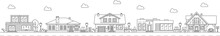 Neighborhood Line Art Outline Village Or Town House Buildings. Neighborhood Street Mansion Cityscape, Town Real Estate Property Building Panoramic View Linear Vector Background With Cottage Houses