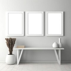 Template Frame Art print Mock up three blank white photo frames in modern minimal interior Generative AI 