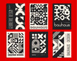 © Vector Tradition - Monochrome Bauhaus posters with geometric abstract patterns, vector magazine cover backgrounds. Retro Bauhaus, Swiss or modern Scandinavian pattern posters with simple shape geometric elements
