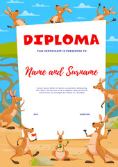 Aufkleber - Kids diploma, cartoon happy kangaroo characters, vector certificate award template. School or kindergarten workshop certificate diploma with funny Australian animal kangaroo smiling or jumping