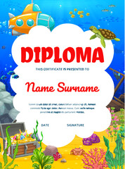Aufkleber - Kids diploma, cartoon yellow submarine and underwater landscape, vector certificate. School or kindergarten workshop certificate diploma with underwater bathyscaphe, treasure chest and sunken ship