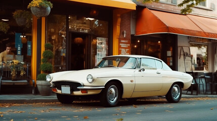 Wall Mural - Vintage car parked in front of restaurant