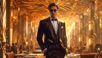 The image of a rich and spoiled young businessman in an expensive gold suit against the backdrop of a business center, a man official from politics. Generative AI	

