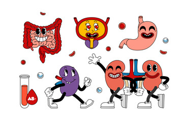 Wall Mural - Set of retro human organs in funny comic cartoon style, gloved hands. Contemporary illustration with cute comic book characters. Doodle comic characters. contemporary cartoon style.