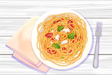 Spaghetti Pasta in plate with tomatos, basil, mozzarella in cartoon style top view detailed and textured on wooden background. food, italian cuisine