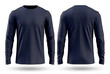 Navy long sleeve t-shirt mockup, with front and back views, isolated on transparent background, generative ai