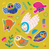 Fototapeta  - Set of cute bright owls and small nature elements. Vector illustration