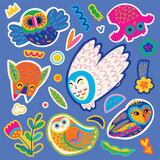 Fototapeta  - Sticker set of cute bright owls and small nature elements. Vector illustration