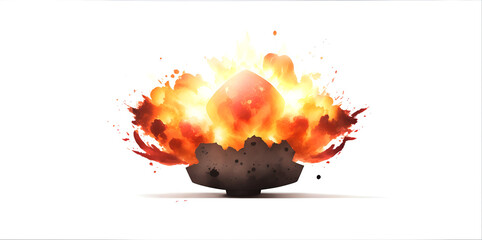 Wall Mural - realistic fiery explosion with sparks over a white background.