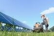 A man drives a lawnmower near solar panels. Concept of solar energy