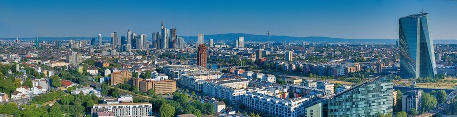 Wall Mural - Wide angle drone panorama over the German city Frankfurt am Main during sunrise