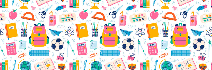 School supplies elements, vector seamless pattern in hand drawn style, back to school on white background
