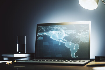 Poster - Abstract digital world map with connections on modern computer monitor, big data and blockchain concept. 3D Rendering