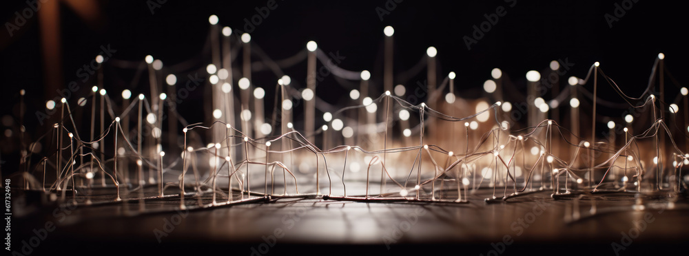 The grid, electrical grid, power grid. An electrical power grid represented by wires and small lamps. hand edited generative AI.
 