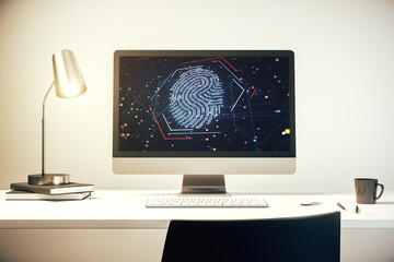 Poster - Modern computer display with abstract graphic fingerprint sketch, fingerprint scan data concept. 3D Rendering