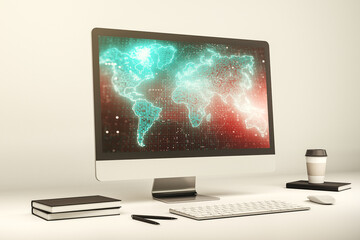 Poster - abstract graphic world map on modern laptop screen, connection and communication concept. 3d renderi