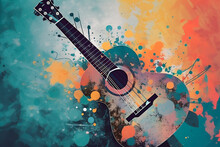 Abstract Background Illustration Of A Acoustic Guitar With Grunge Noise And Colorful Texture. Music Industry Theme. Generative AI