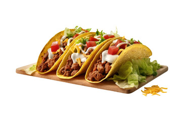 Soft shell beef tacos on wooden table on cutout PNG transparent background. Mexican food. Generative AI